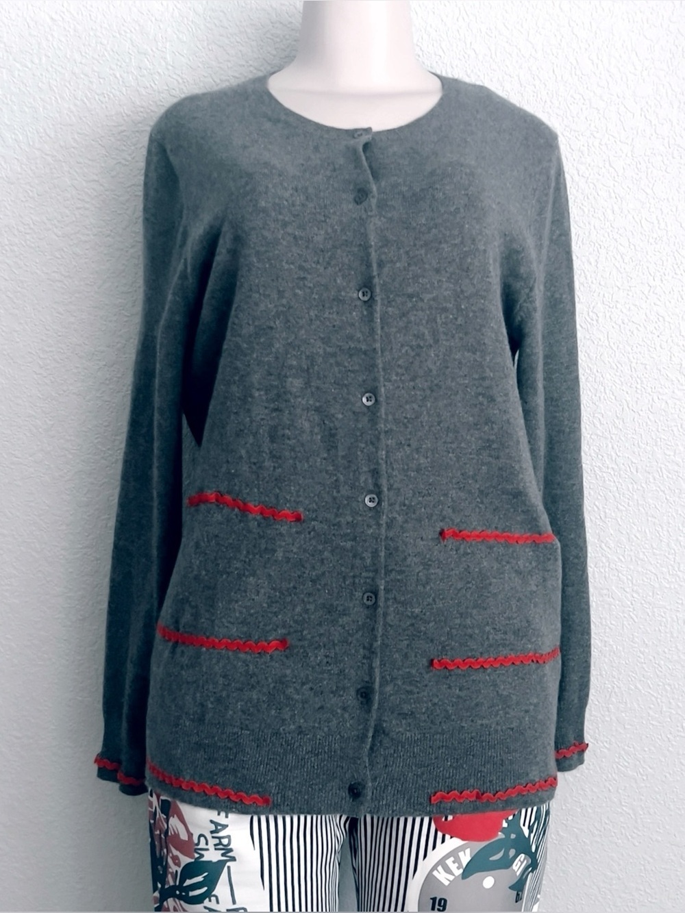 100% Cashmere Jennie Liu Cardigan Red Ribbon Trim Grey SZ XL